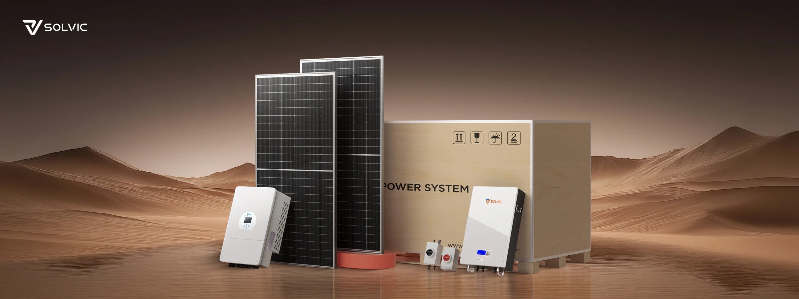 Complete home solar storage system product display – Solvic Power residential photovoltaic kit including solar panels, wall-mounted LiFePO4 battery, wooden-crated inverter, and balance of system components